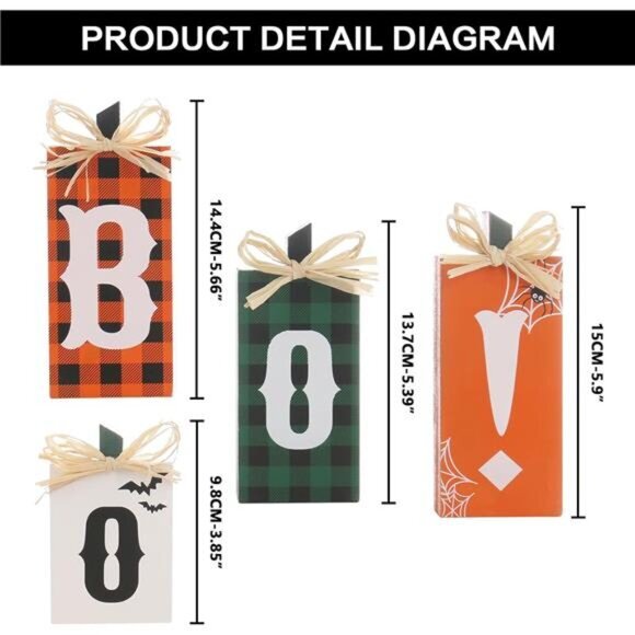 4PCS Wooden Boo Sign Block -Halloween Tabletop Decorations for Farmhouse & Party - Picture 2 of 7